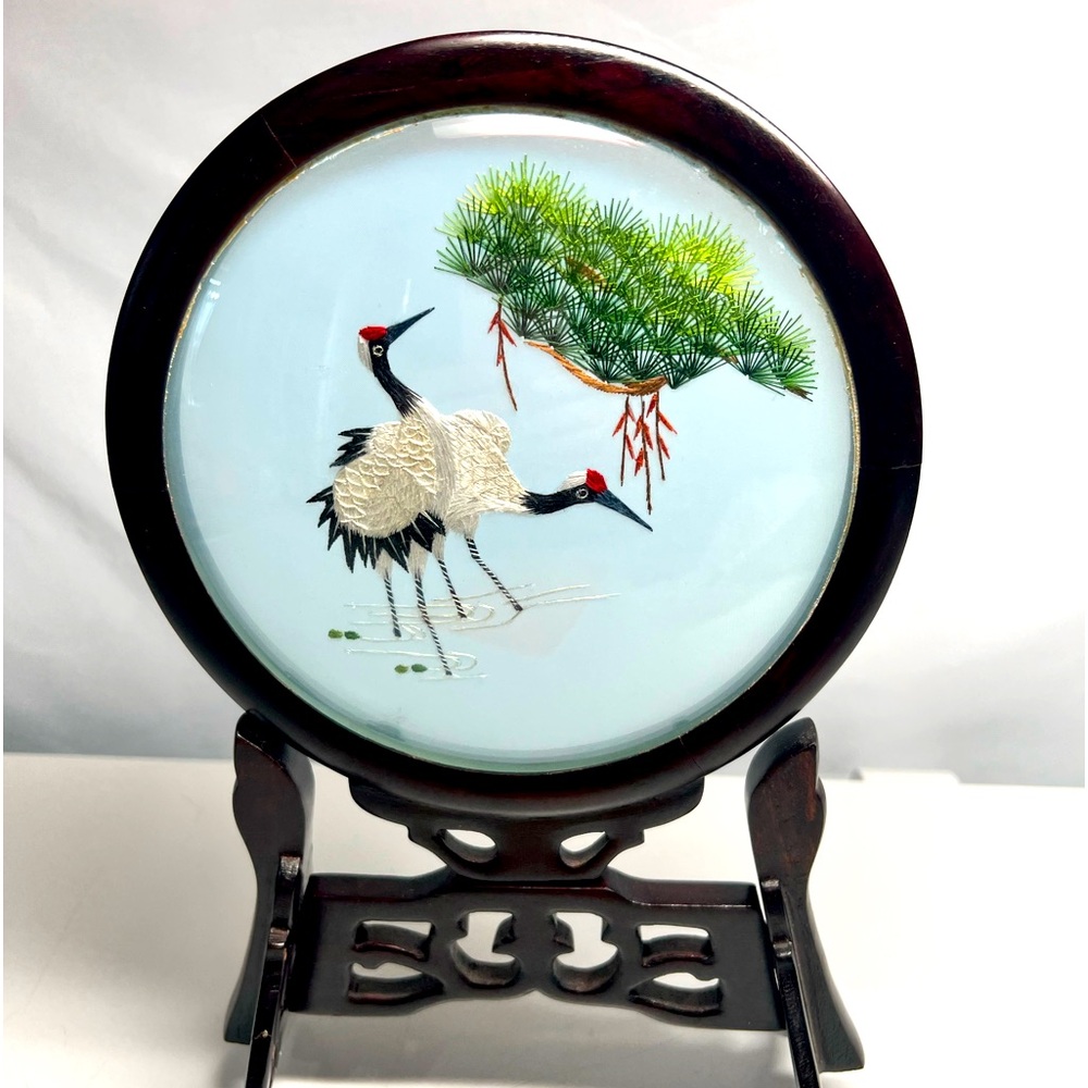 Chinese Suzhou Silk Vintage Embroidered Cranes Double Sided Wood Stand